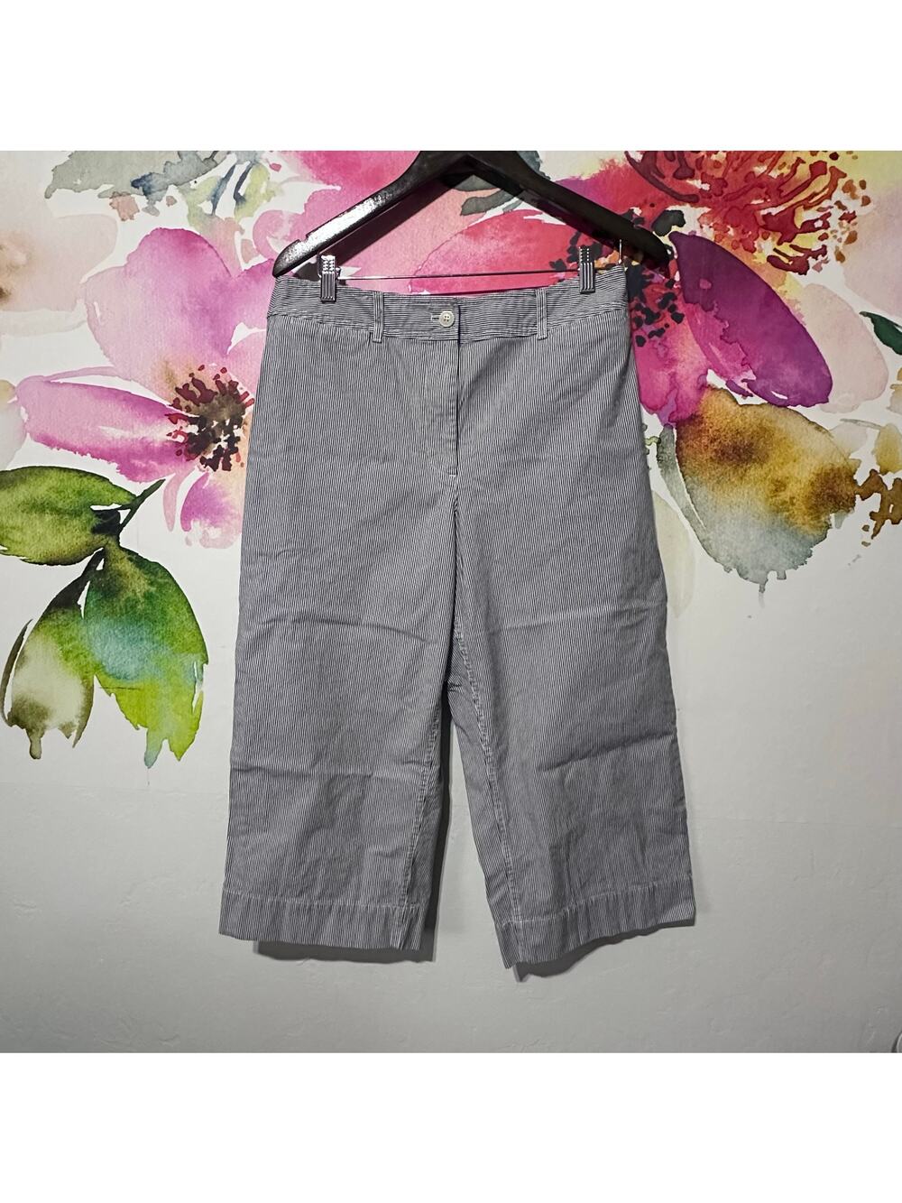 Talbots Wide Leg Pants Women’s Capris Petite Gray Blue Stripe Chino Pockets 12P